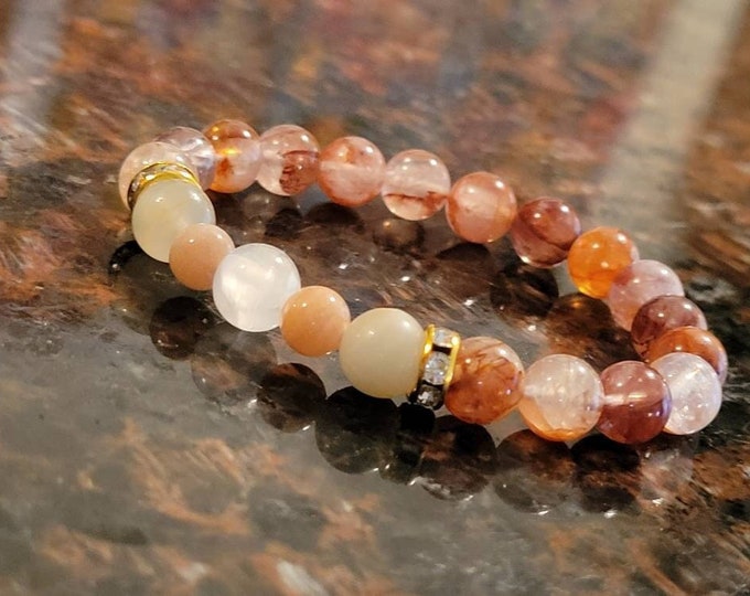 Moonstone Selenite Sunstone Crystal Beaded Stretchy Chakra Bracelet | 8mm Gemstone Intention Bracelets for Men and Women