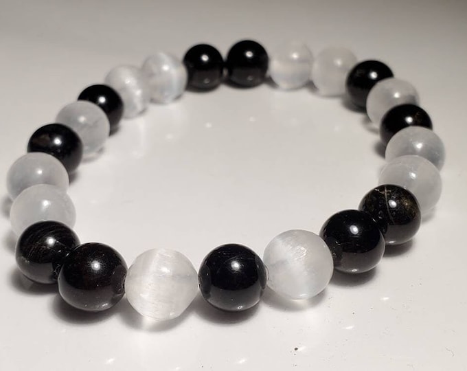 Selenite and Black Tourmaline Crystal Healing Beaded Stretch Chakra Bracelet 8mm gemstone Beads