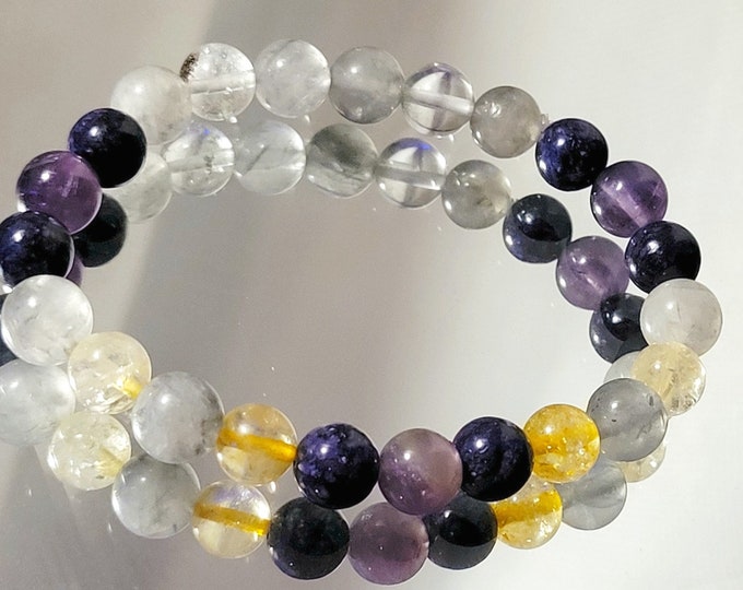 Powerful Healing 7 Chakra Bracelet with Amethyst Citrine Phantom Quartz Beaded Stretch Gemstone Bracelet for Men and Women
