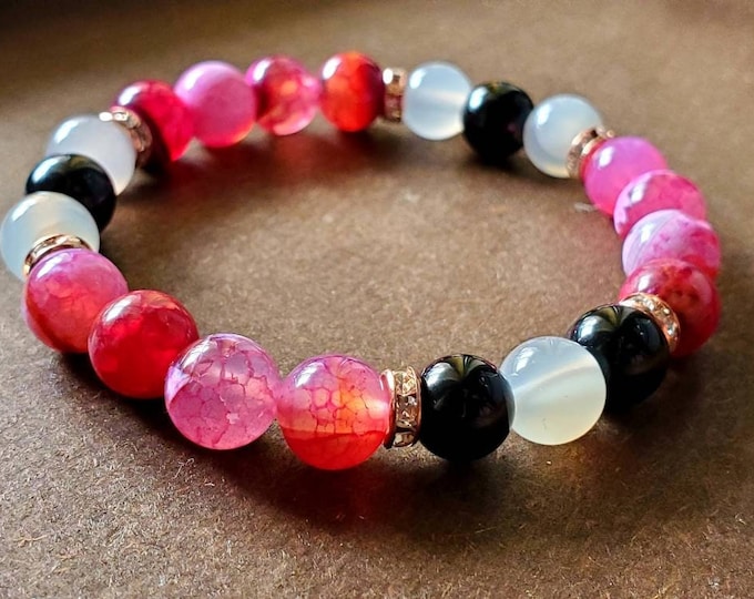 Pink Agate and Onyx Gemstone Beaded Stretch Crystal Healing Seven Chakra Bracelet