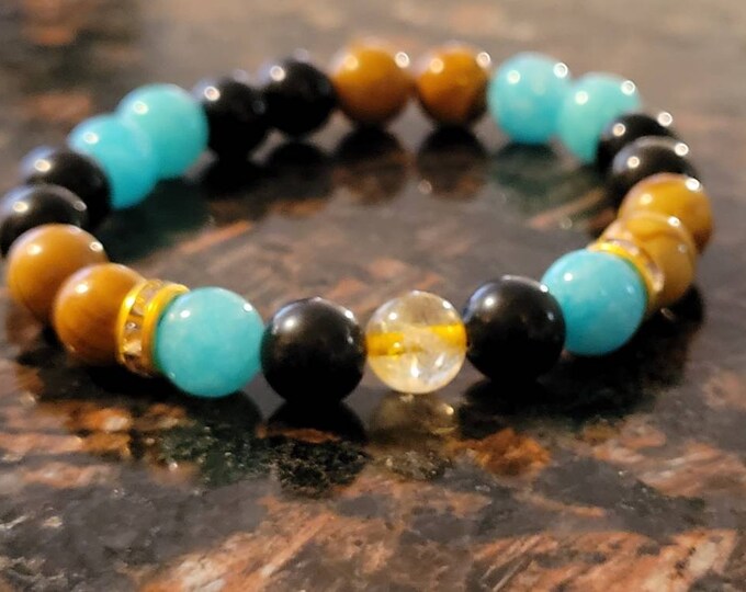 Black Onyx & Blue Amazonite Crystal Bracelet - Chakra Bracelet 8mm Gemstone Beads - Natural Crystal and Meditation Jewelry - Gift