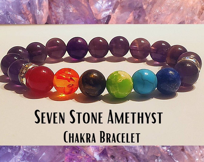 Seven Chakra Bracelet with Amethyst Crystal Healing Stretchy 8MM Gemstone Beads