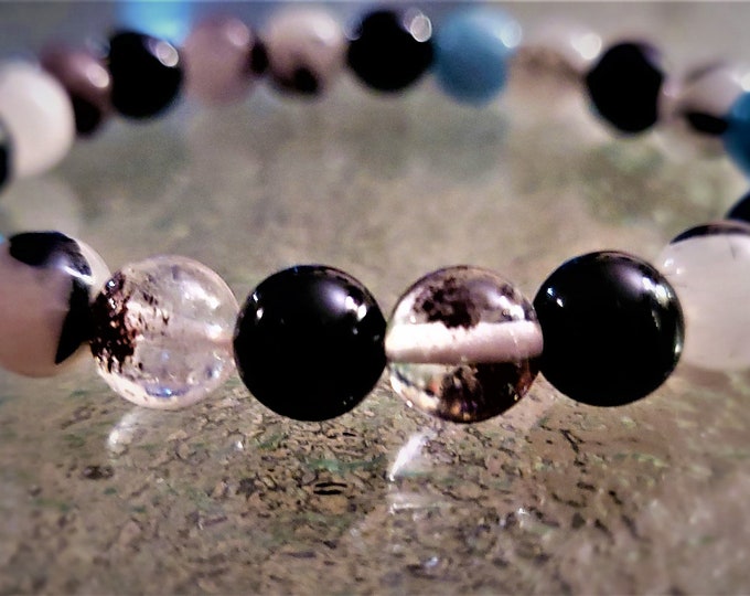 Blue Chalcedony and Quartz Gemstone Beaded Stretch Crystal Healing Seven Chakra Bracelet