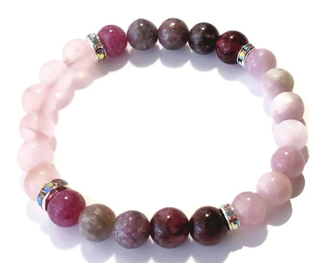 Pink Kunzite with Pink Tourmaline Gemstone Beaded Stretch Crystal Healing Seven Chakra Bracelet