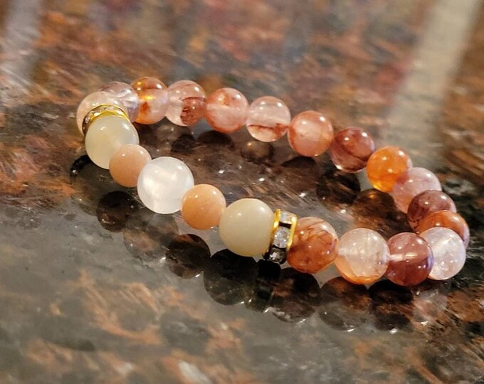 Moonstone Selenite Sunstone Crystal Beaded Stretchy Chakra Bracelet | 8mm Gemstone Intention Bracelets for Men and Women