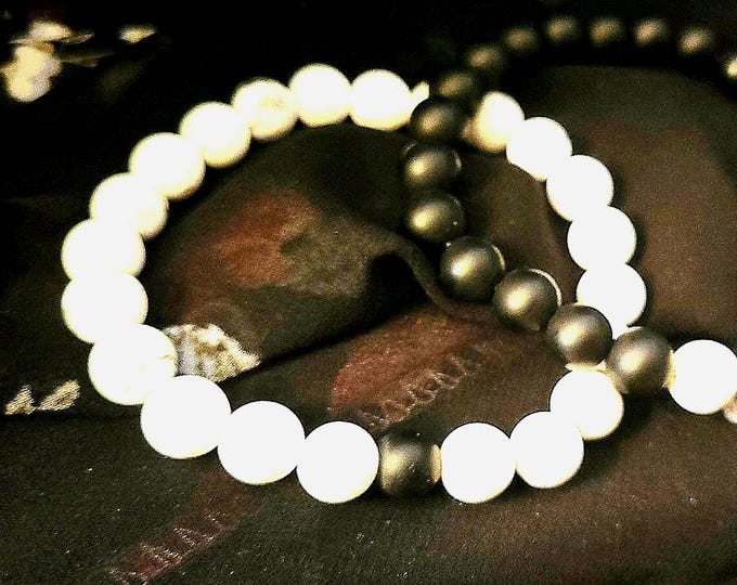 Couple's Bracelet Set - Matte Howlite Matte Onyx Chakra Distance Bracelets