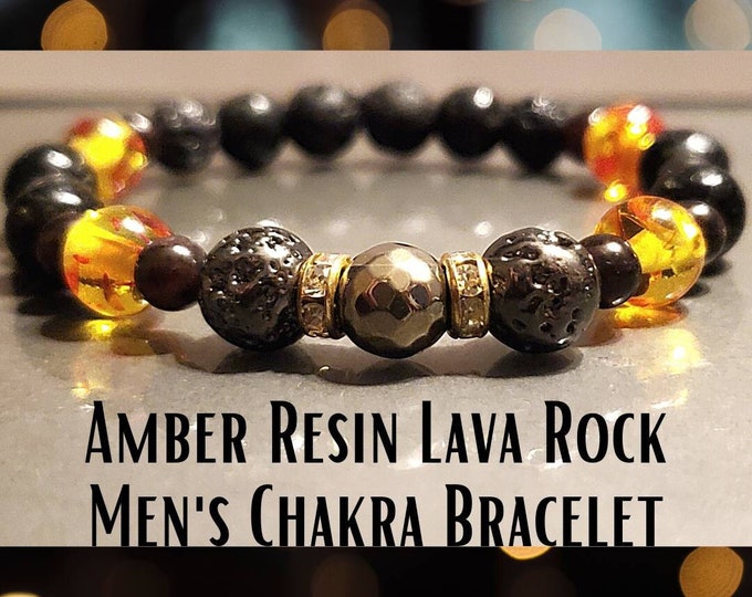 Men's Chakra Bracelet - Amber Resin Pyrite Garnet Lava Rock & Hematite - Natural Chakra Bracelets