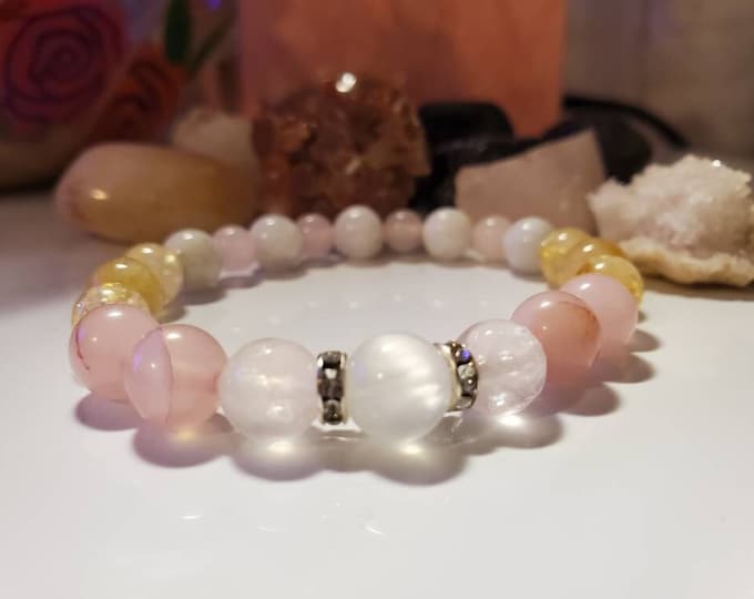 Moonstone Citrine Rose Quartz Gemstone Beaded Bracelet - Natural Crystal Healing