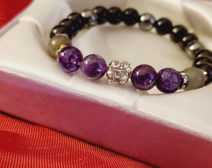 Self Confidence and Self Care Bracelet | Natural Amethyst Gemstone Beaded Bracelet | Labradorite and Hematite Chakra Healing Bracelet