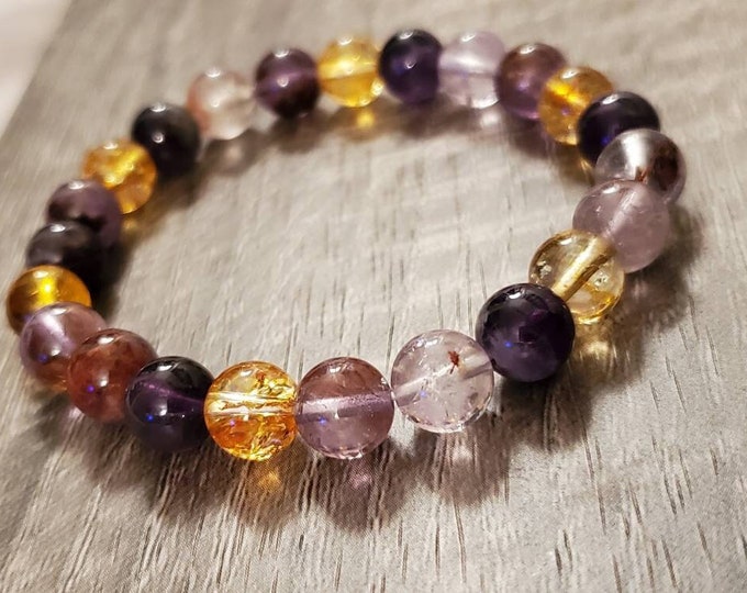 Super 7 Amethyst and Citrine Stretch Crystal Chakra Bracelet | Custom Designed Spiritual Intention Jewelry for Women and Men