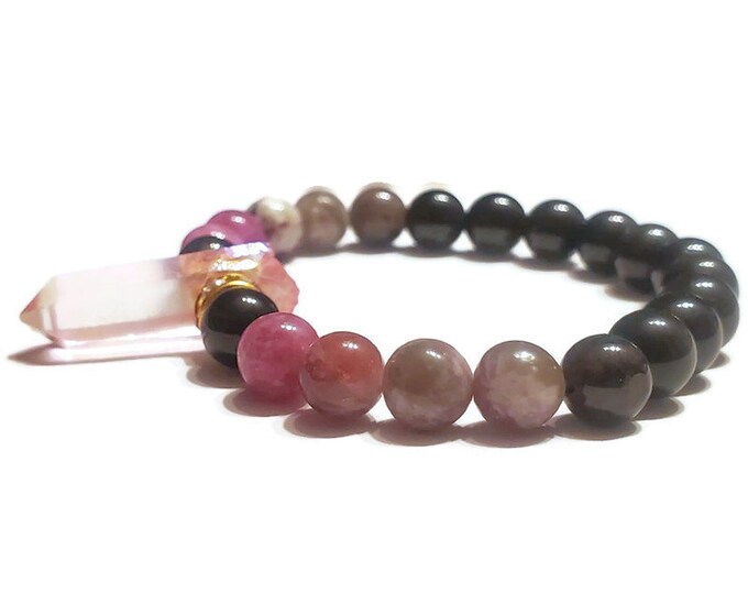 Pink Quartz Pendant Bracelet - Multi-Tourmaline Bracelet - Chakra Bracelet