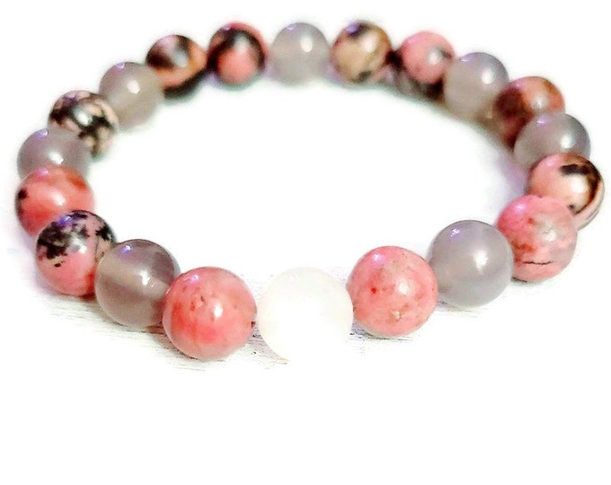 Rhodochrosite with Moonstone and Gray Agate - Lovers Symphony - beaded Chakra healing bracelet with Genuine gemstone beads customizable