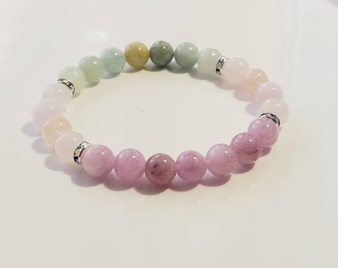 Kunzite Beaded Chakra Bracelet with Aquamarine and Morganite
