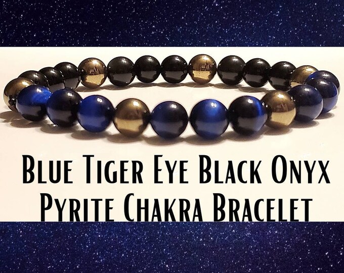 Men's Blue Tiger Eye Pyrite Black Onyx Bracelet- Natural Chakra Bracelet - Men's Chakra Bracelet
