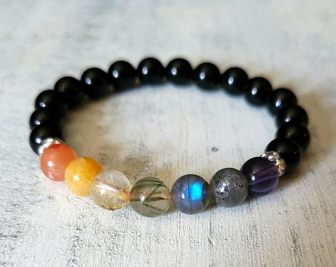 Seven Chakra Bracelet with Multi-Colored Quartz and Black Onyx