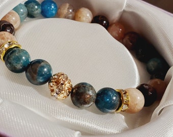 Sunstone and Blue Apatite Beaded Gemstone Chakra Healing Bracelet