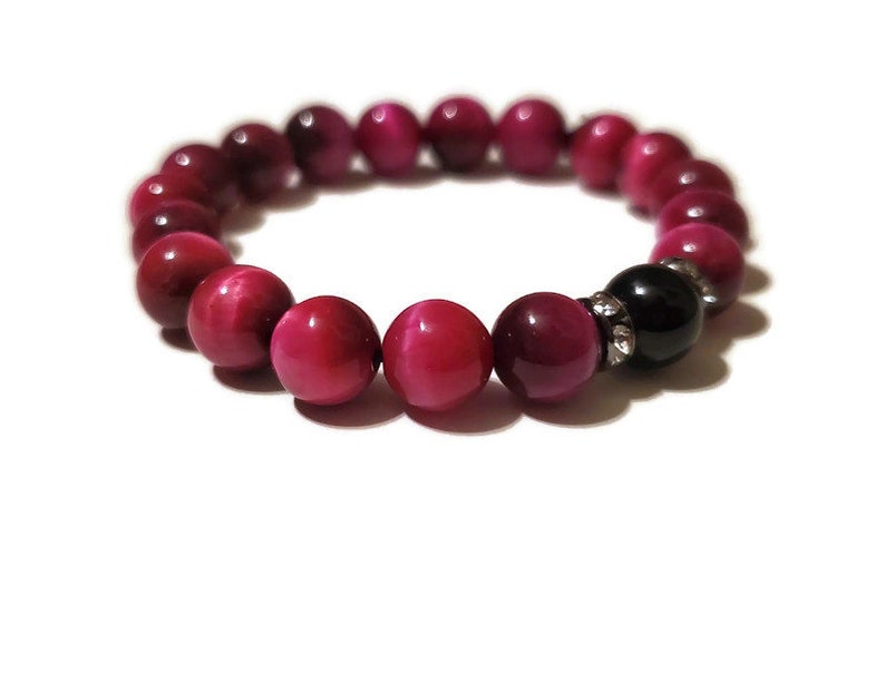 Black Onyx and Pink Tiger Eye Beaded Gemstone Bracelet Natural Balance Healing Chakra Bracelet