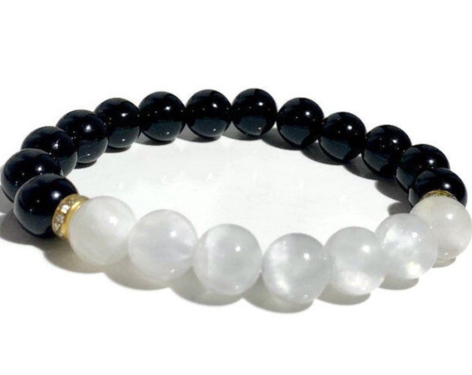 Divine Protection Bracelet - Natural Selenite & Black Onyx Gemstone Bracelet - Chakra Bracelet - Spiritual Meditation - Gift Ideas