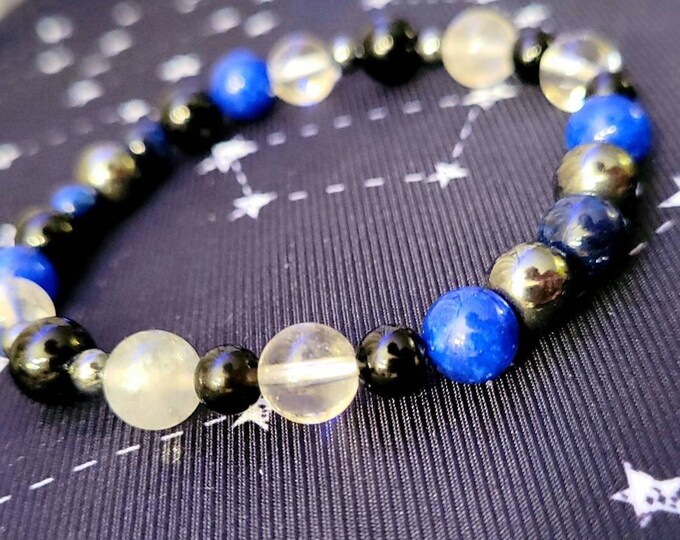 Quartz Beaded Stretch Crystal Healing Seven Chakra Bracelet with Sapphire and Smoky Quartz