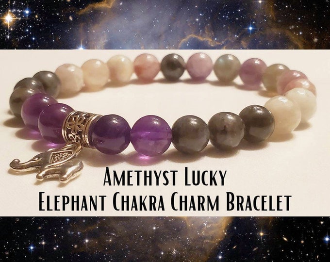 Lucky Elephant Charm Bracelet -| Amethyst Gemstone Beaded Bracelet | Natural Chakra Healing Bracelet | Balance Your Chakras