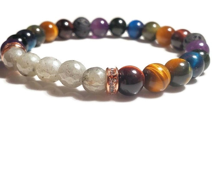 Labradorite with Rainbow Tiger Eye Crystal Beaded Stretch Chakra Bracelet | Custom Designed Spiritual Intention Jewelry for Women and Men