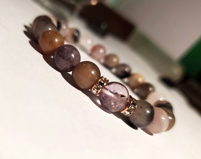 Quartz with Rhodonite Gemstone Beaded Stretch Crystal Healing Seven Chakra Bracelet