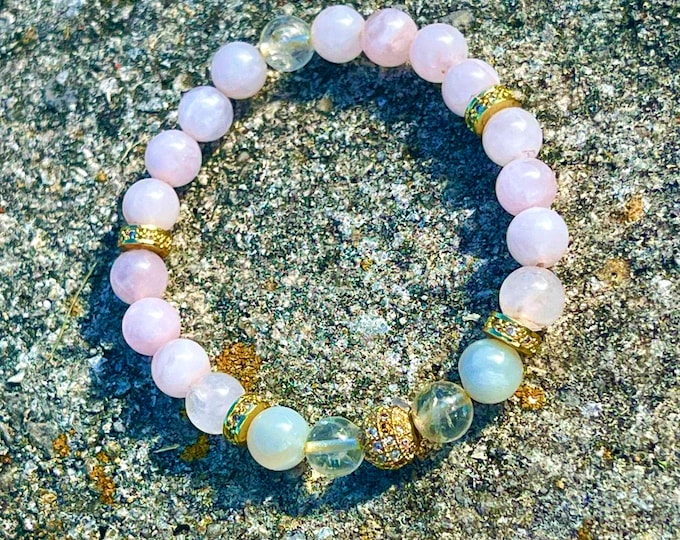 Healing and Protection Moonstone, Rose Quartz & Crystal Quartz Beaded Stretch 7 Chakra Bracelet for Women