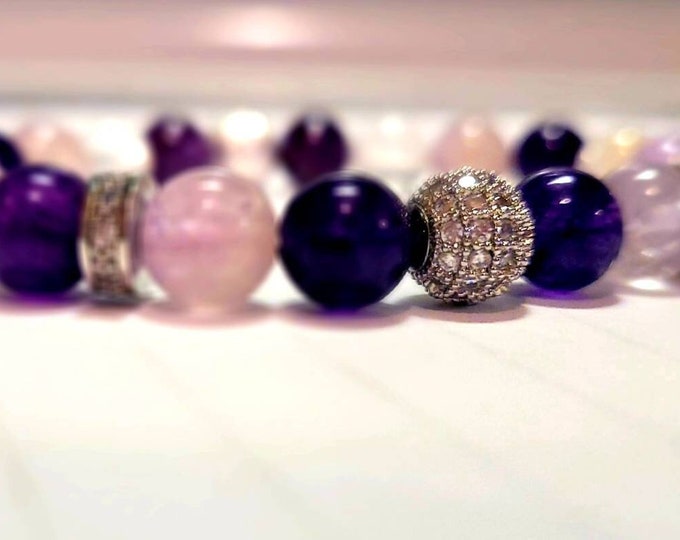 High Quality Ametrine Amethyst Gemstone Chakra Healing Beaded Bracelet with Silver Cubic Zirconia