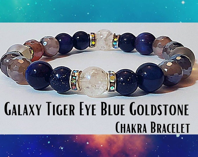 Galaxy Tiger Eye and Crystal Quartz - Natural Crystal Healing - 8mm Beaded Chakra Bracelet - Spiritual and Meditation Jewelry - Gift Idea