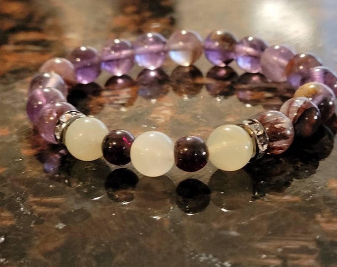 Super Seven & Moonstone Bracelet - Natural Crystals for Healing - Meditation and Spiritual Manifestation Jewelry -  Gift Ideas for Her