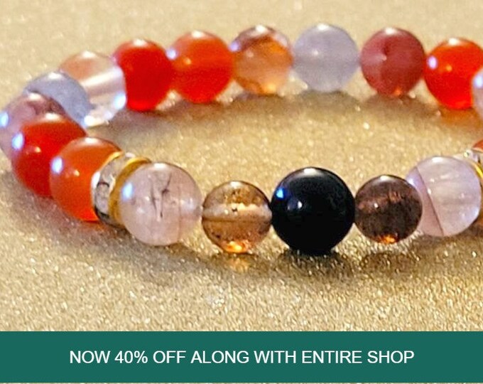 High Quality AAA Red Hematoid Quartz with Carnelian Crystal Stretch Beaded 8MM Seven Chakra Healing Bracelet