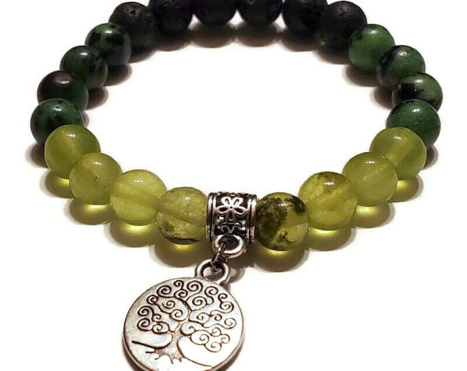 Tree Of Life Charm Bracelet - Peridot Ruby Ziosite Bracelet - Ombre Chakra Bracelet
