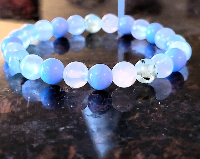 Extremely RARE Blue Aragonite (glows in the dark!) Gemstone Bracelet | Moss Prehnite and Selenite Healing Chakra Bracelet 8mm Beads