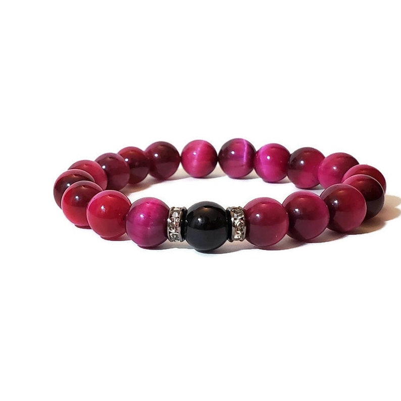 Black Onyx and Pink Tiger Eye Beaded Gemstone Bracelet Natural Balance Healing Chakra Bracelet