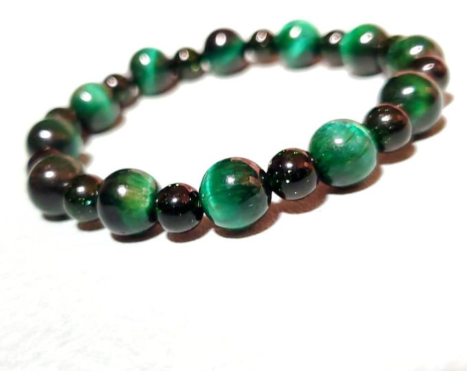 Green Tigers Eye with Green Sandstone Sparkling Chakra Healing Crystal Beaded Stretch Bracelet
