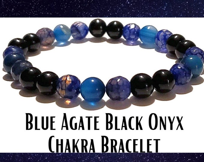 Blue Dragon Vein Agate & Onyx Bracelet - Natural Crystal Healing - Beaded Chakra Bracelet 8mm - Gift Ideas for Him - Energy Work