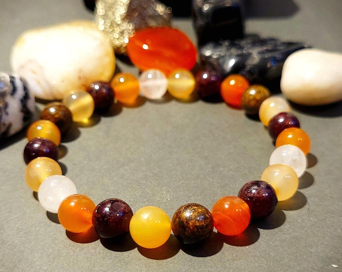 Garnet Carnelian Chakra Healing Gemstone Bracelet w/ Bronzite and Crystal Quartz