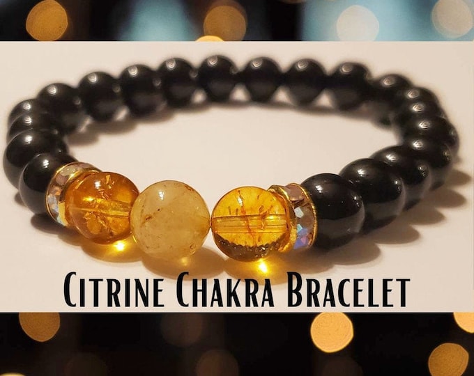 Black Onyx & Citrine Natural Energy Healing Bracelet - Chakra Bracelet - Meditation Jewelry or Gift - 8mm Gemstone Beads