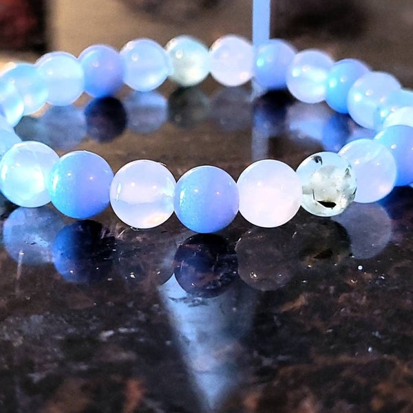 Extremely Rare Blue Aragonite (glows in the dark!) Gemstone Bracelet | Moss Prehnite and Selenite 10mm Beaded Healing Chakra Bracelet