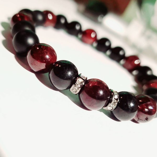 High-quality AAA Garnet Beaded Gemstone Chakra Bracelet for Men and Women with Onyx & Hypersthene Healing 7 Chakra Jewelry