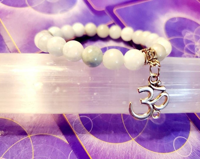 Aquamarine Natural Healing Crystal Bracelet - Chakra Bracelet with Silver Ohm Charm - Gifts for Him or Her - Balance and Meditation Jewelry