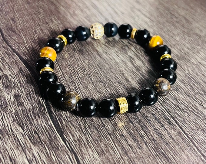 Bronzite, Tiger Eye & Black Onyx Natural Bracelet - Crystal Work Healing Jewelry - Meditation Bracelet for Men and Women - Gift