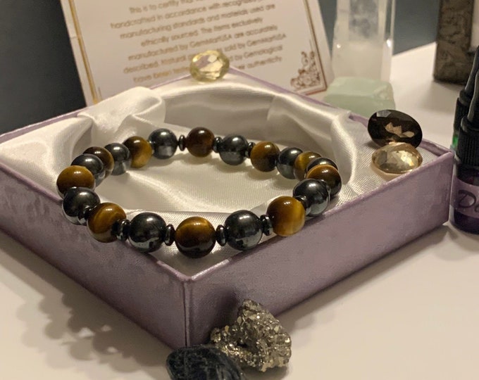 Natural Brown Tiger Eye Bracelet | With Hematite Beads for Men's Chakra Bracelet Balancing | Natural Chakra Gemstone Bracelets