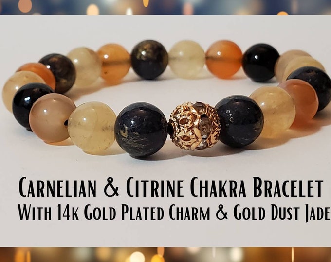 Natural Carnelian, Citrine, & Black Onyx- Crystal Healing Beaded Chakra Bracelet - 8mm Gemstone Healing Beads