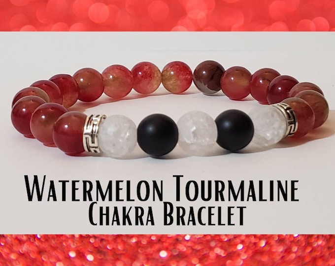 Natural Watermelon Tourmaline Gemstone Beaded Stretch Crystal Healing Seven Chakra Bracelet