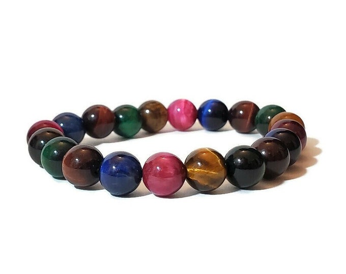 Rainbow 8mm Tiger Eye Bracelet - Natural Crystal Healing - Gemstone Beaded 8mm Healing Protection Manifestation Chakra Bracelet