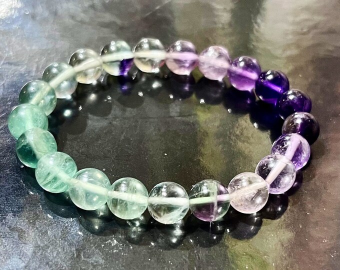 Rainbow Fluorite 8mm Beaded Stretch Crystal Chakra Bracelet | Custom Designed Spiritual Intention Jewelry for Women and Men