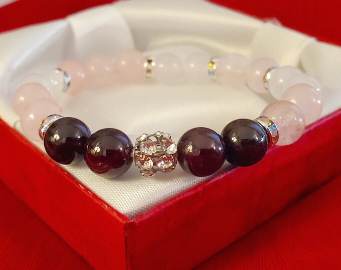 Rose Quartz Garnet with Crystal Quartz Beaded Stretchy Healing Chakra Bracelet