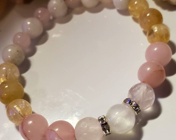 Moonstone, Citrine & Rose Quartz - 8mm Natural Healing Gemstone Beaded Bracelet - Gifts for Her - Meditation Yoga Spiritual Jewelry