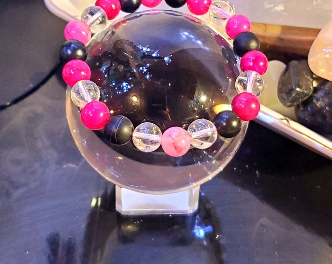 Pink Fire Agate with Onyx and Quartz Chakra Healing Bracelet